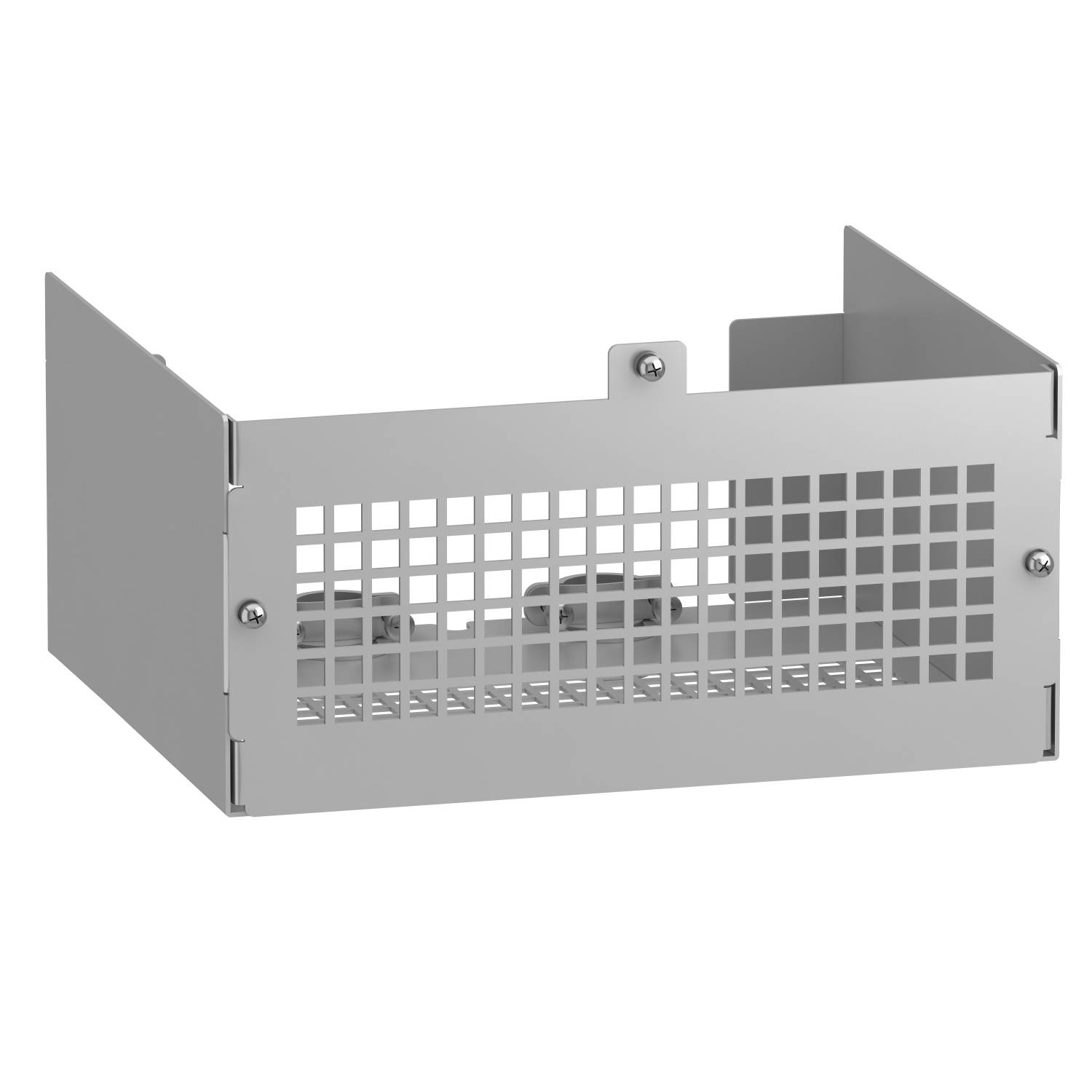 Boîtier de protection en grille métallique pour appareils, avec des ouvertures de ventilation rectangulaires. Adapté à la sécurisation et au refroidissement des équipements électroniques.