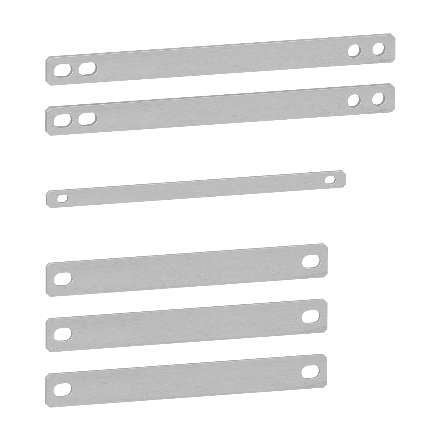 Six bandes de métal gris percées à leurs extrémités, disposées en deux groupes de tailles différentes.