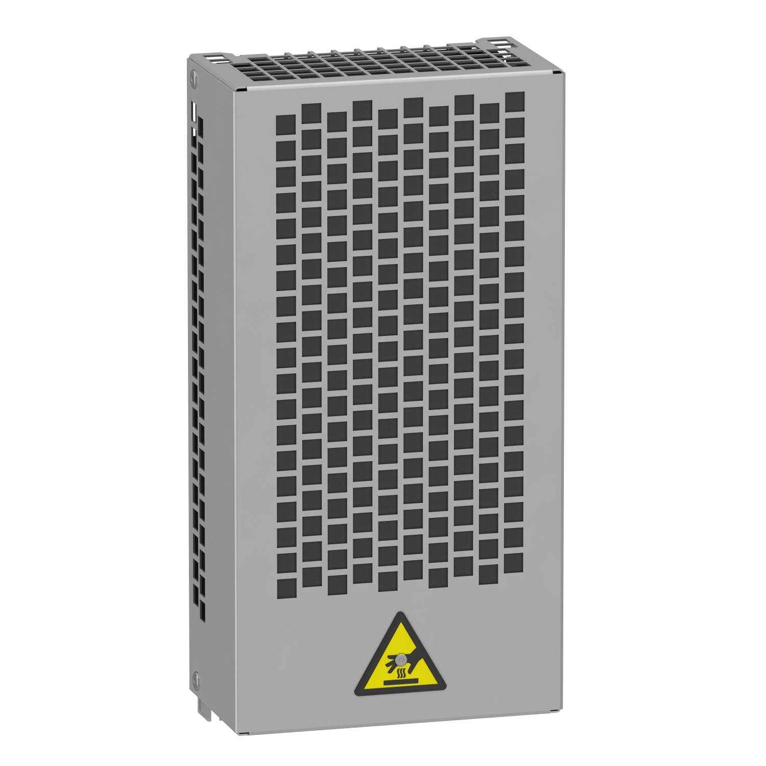 Boîtier métallique avec des fentes de ventilation carrées et un panneau triangulaire d'avertissement de danger électrique en bas.