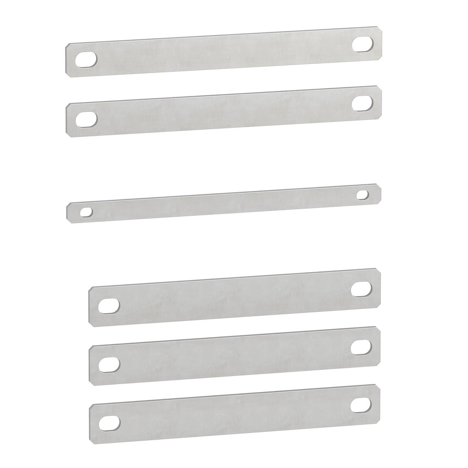 Six bandes rectangulaires en métal, chacune percée de deux trous arrondis aux extrémités, disposées en deux groupes.