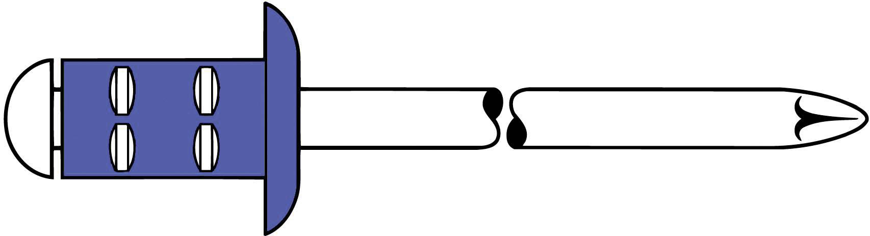 Un diagramme montre un rivet aveugle écarté avec un manchon bleu et une tige noire.