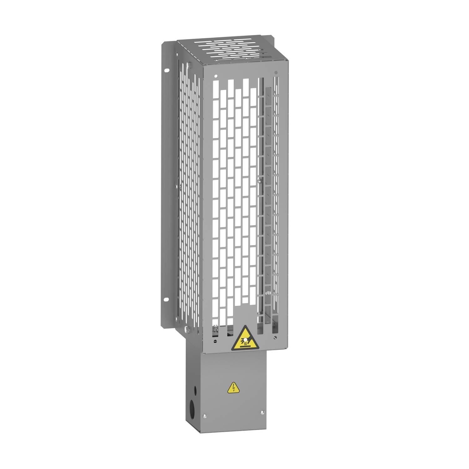 Un boîtier en grille métallique avec une grille de ventilation et un symbole d'avertissement de danger électrique en bas.