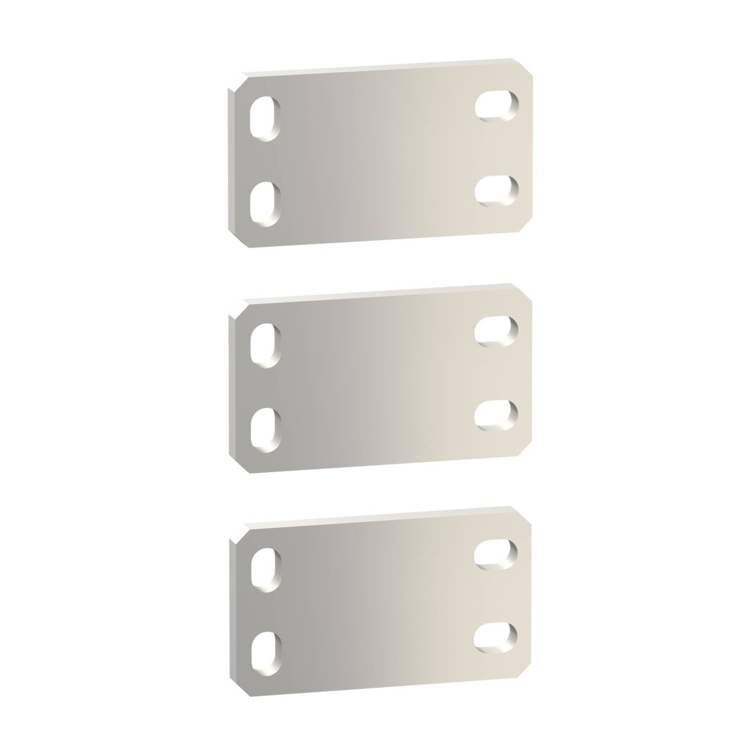 Trois plaques rectangulaires en métal, chacune percée de deux trous à chaque extrémité, empilées uniformément les unes sur les autres.