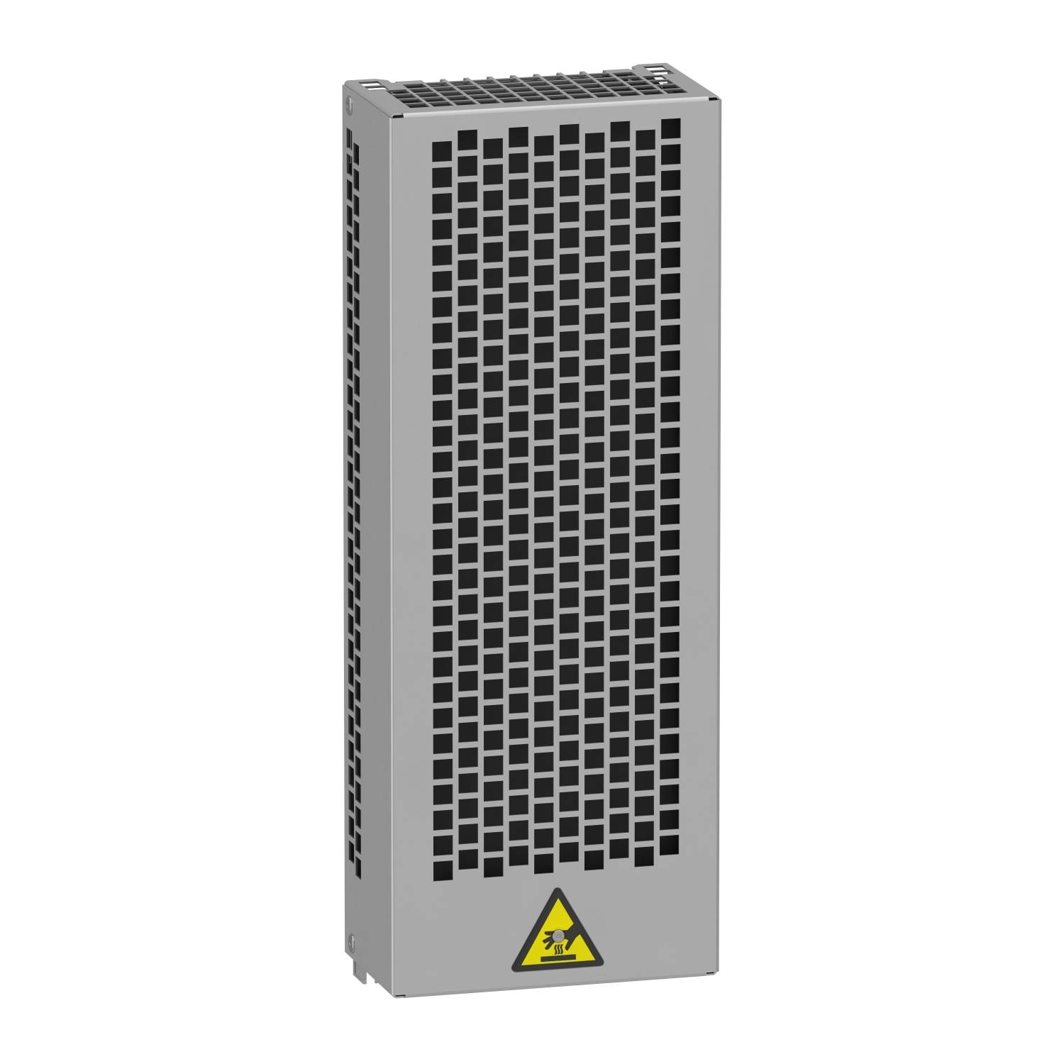Appareil de chauffage rectangulaire gris avec un symbole d'avertissement jaune indiquant la présence de tension électrique. Grilles de ventilation visibles en haut et sur les côtés.