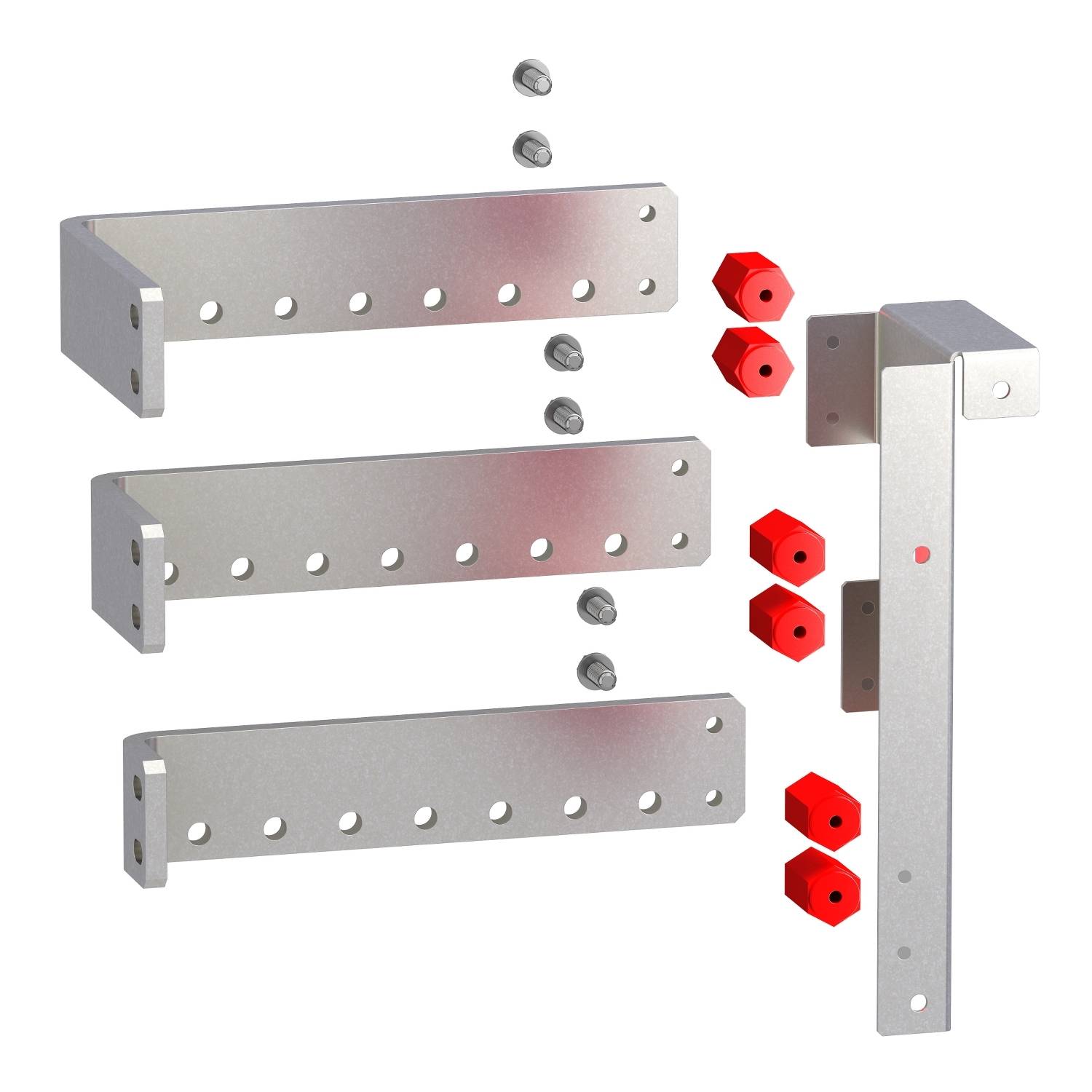 Angle métallique représenté avec des vis et des connexions rouges. Montre le montage d'angles avec sept trous de fixation chacun.