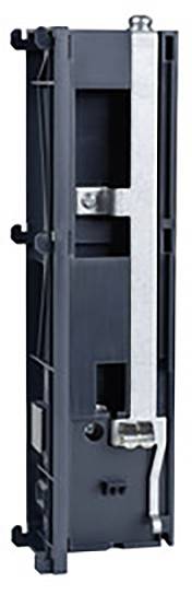 Mécanisme de verrouillage métallique, orienté verticalement, montrant les composants internes et le système de leviers. Utilisé dans les cadres de portes ou de fenêtres.