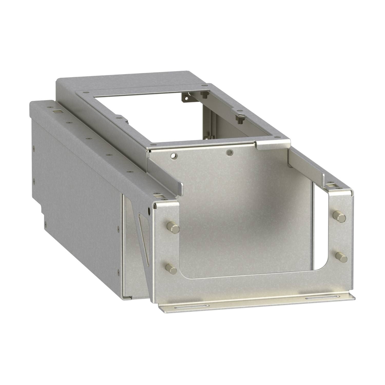 Boîtier métallique avec ouverture rectangulaire et trous de montage pour vis, adapté aux appareils électroniques ou applications techniques.