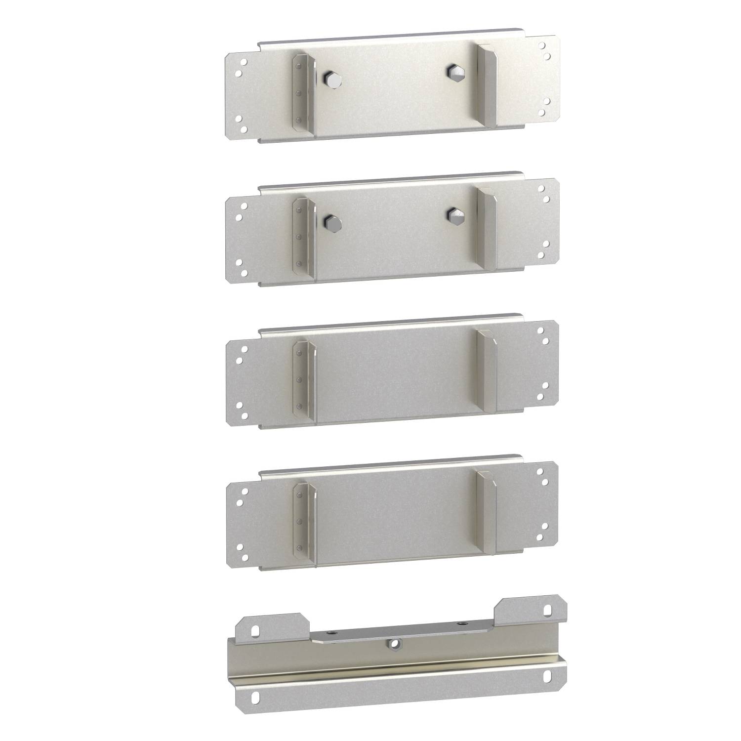 Cinq supports rectangulaires en métal argenté, munis de trous de fixation pour un montage mural, disposés verticalement, identiques en taille et en forme.