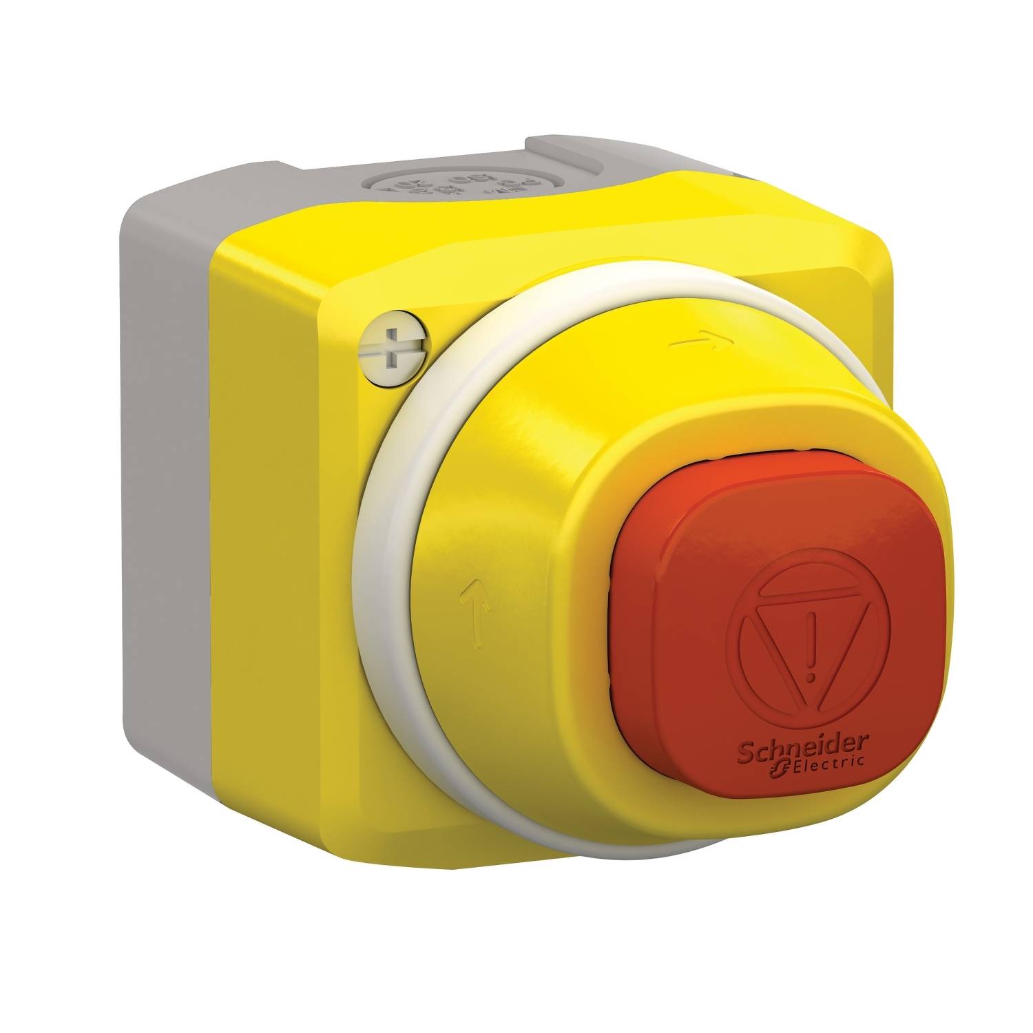 Un bouton d'arrêt d'urgence jaune avec bouton rouge, de Schneider Electric, conçu pour des applications de sécurité dans des environnements industriels.