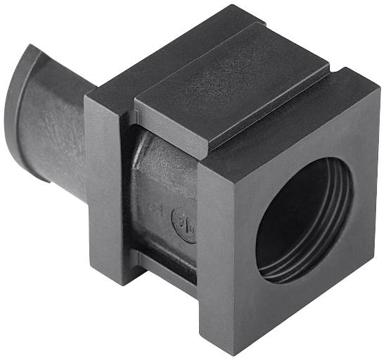 Pièce en plastique noir, de forme cubique, avec une ouverture cylindrique, probablement un élément de fixation ou un support.