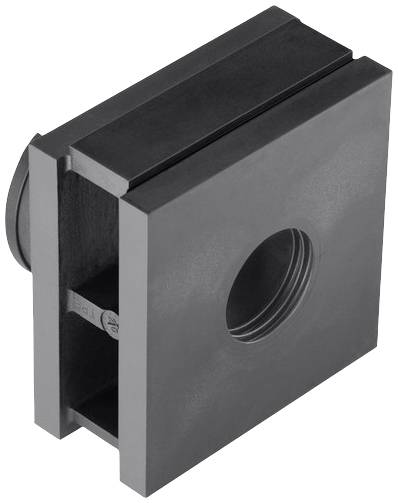 Pièce métallique grise, carrée, avec un trou circulaire central, probablement un composant mécanique ou un support.