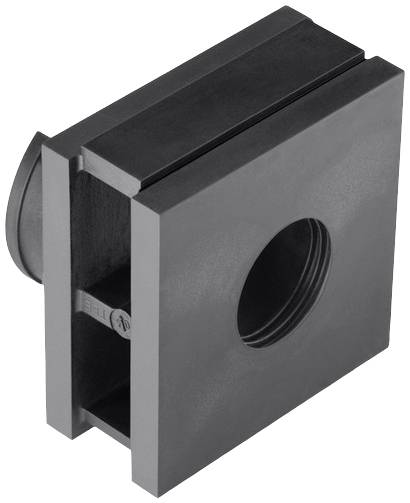 Un bloc métallique noir rectangulaire avec un trou rond en son centre et une ouverture verticale sur un côté.