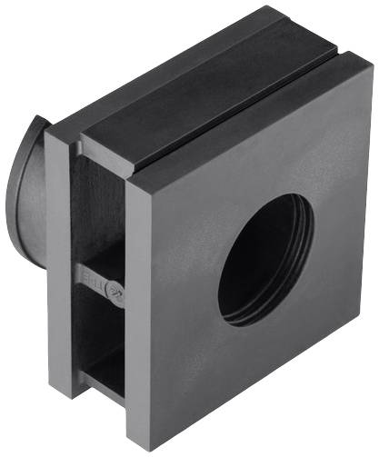 Un composant technique noir avec un trou central rond et un corps rectangulaire, monté sur une base plate.