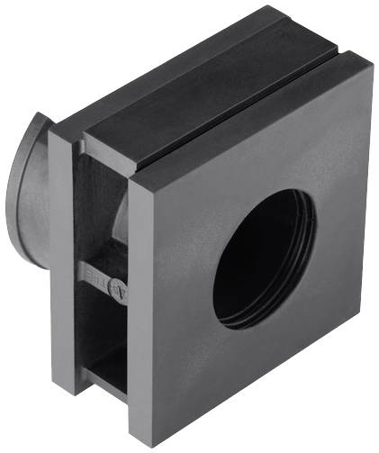 Une pièce mécanique rectangulaire noire avec une ouverture circulaire et un bord droit, probablement destinée à la fixation ou à la connexion de composants.