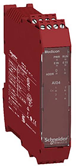 Appareil électronique rouge de Schneider Electric portant l'inscription 'Modicon', montrant plusieurs connexions et voyants de statut sur sa face avant.