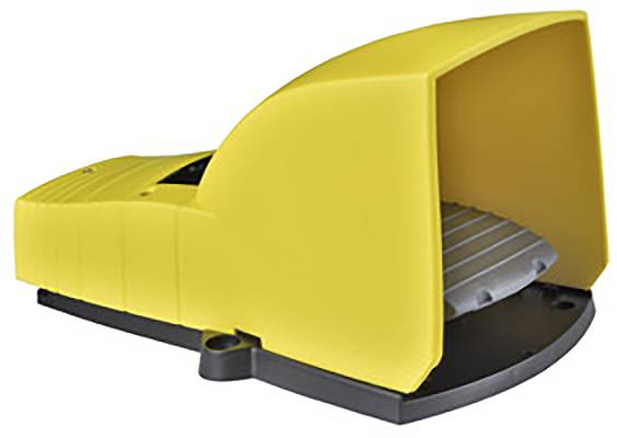 Un interrupteur à pédale jaune avec base noire, souvent utilisé pour le contrôle des machines, offre une protection contre une activation accidentelle.