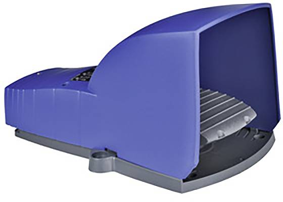 Une pédale électrique bleue avec un couvercle de protection, utilisée pour contrôler des machines dans des environnements industriels.
