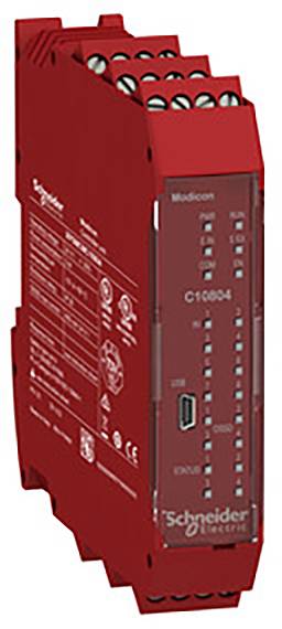 Un module électronique rouge de la marque Schneider Electric avec divers connecteurs et un voyant LED sur la façade.