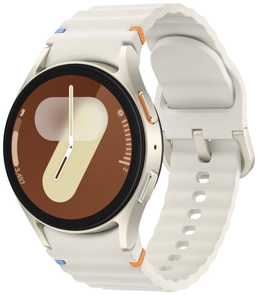 Montre connectée avec écran rond, boîtier crème et bracelet dans des tons clairs. Indicateur de mouvement et symbole de compte à rebours visibles.