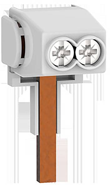 Un connecteur bipolaire avec bornes à vis pour la fixation, à côté d'un câble inséré avec une isolation orange.
