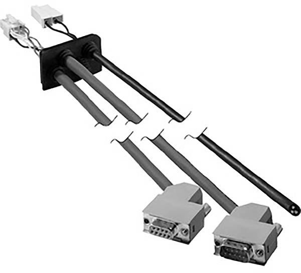 Deux fiches VGA avec des connexions de câbles, reliées par une plaque en plastique noir qui maintient trois passages de câbles.