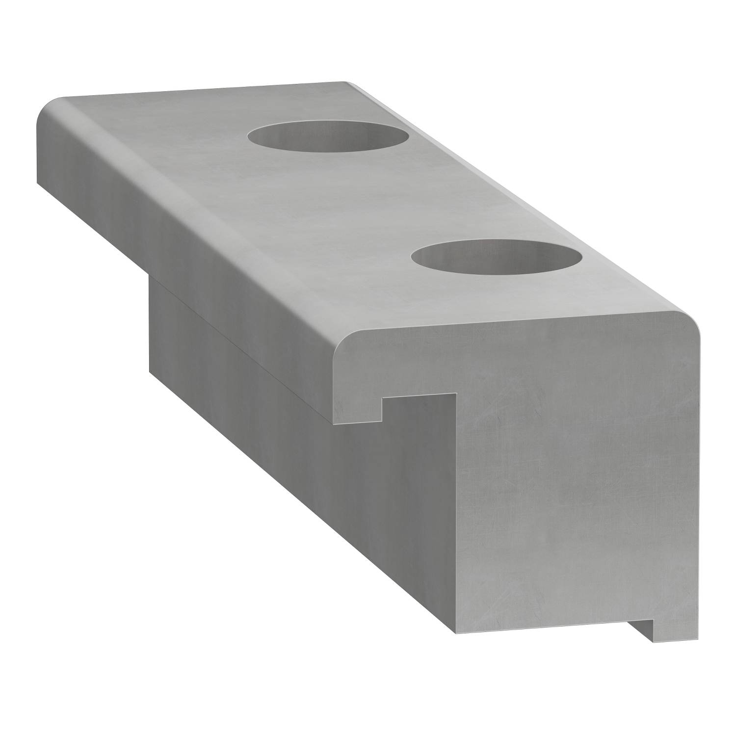 Un bloc métallique rectangulaire percé de deux trous circulaires, adapté aux applications techniques ou industrielles.
