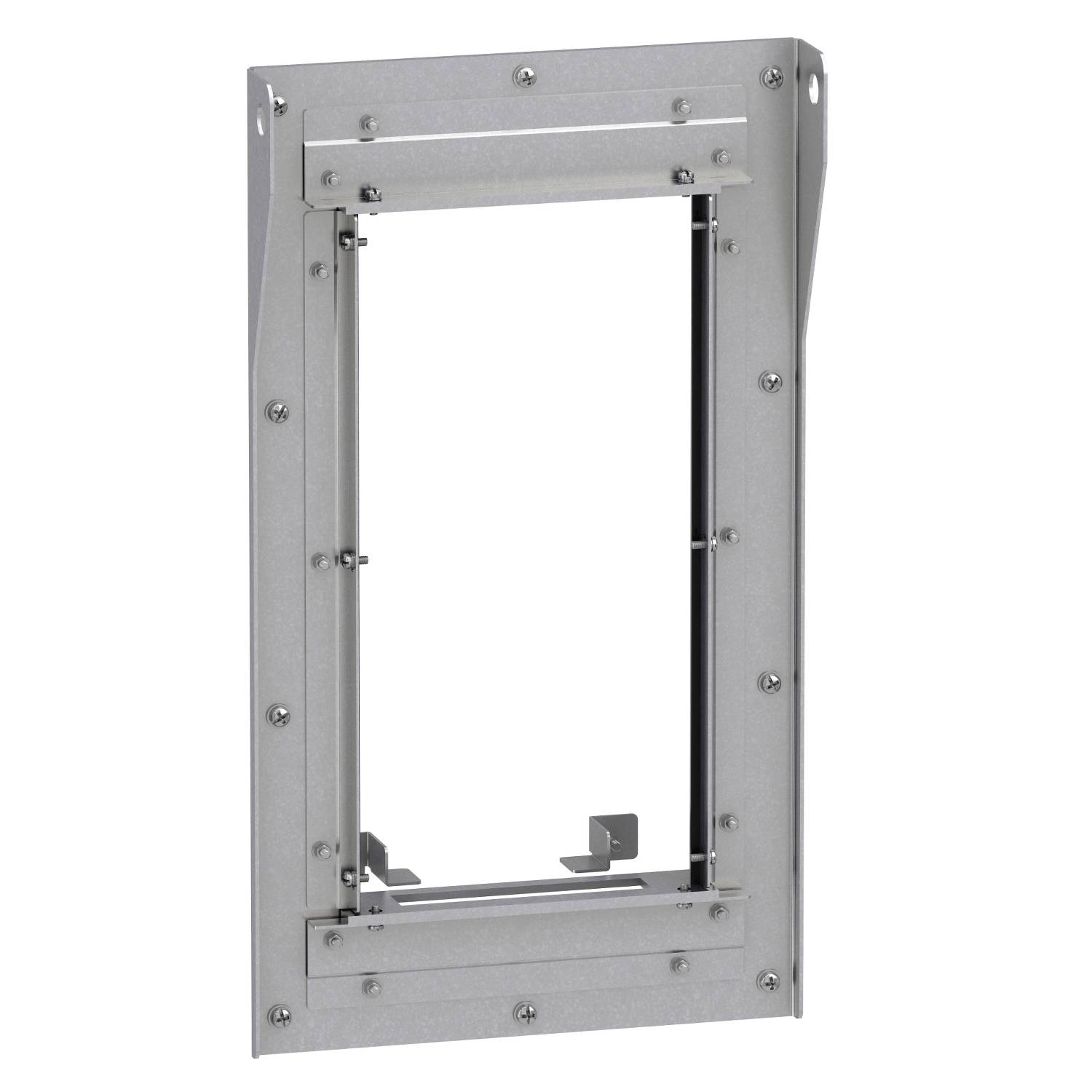 Cadre métallique pour l'installation de chatières ou de portes pour chiens, de forme rectangulaire, avec des trous de fixation pour vis.