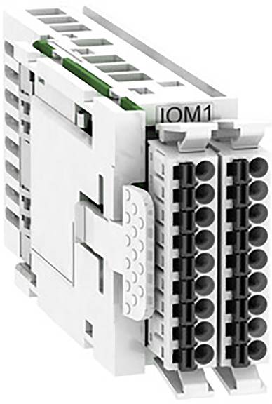 Un composant électronique blanc-gris portant la marque 'IOM1' avec plusieurs connexions enfichables, utilisé dans les armoires électriques.