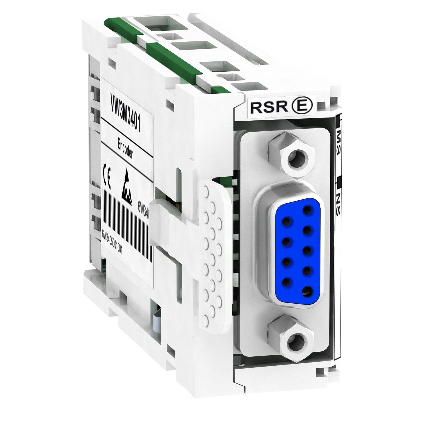 Un module électronique avec un connecteur DB9, entouré d'un boîtier en plastique blanc. Utilisé pour les connexions industrielles.