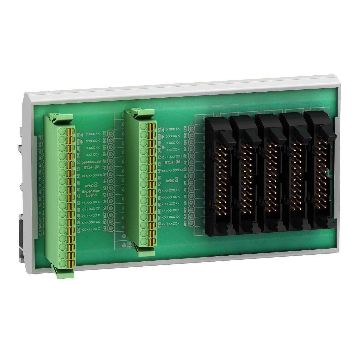 Un module électronique vert avec plusieurs connexions et broches, utilisé pour l'installation et le raccordement de câbles.