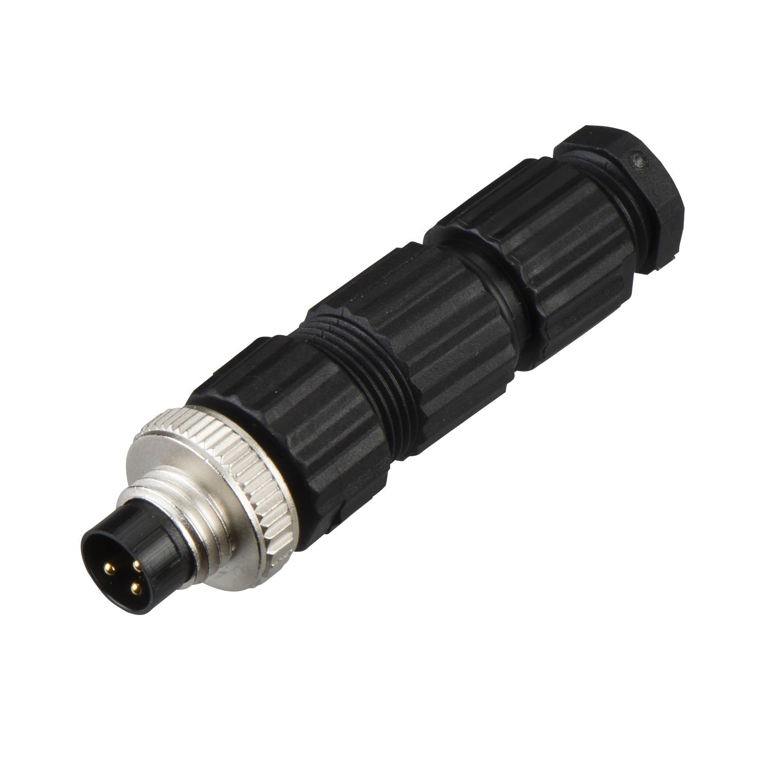 Un connecteur noir cylindrique avec trois broches dorées et un boîtier en métal argenté, typique des applications industrielles.