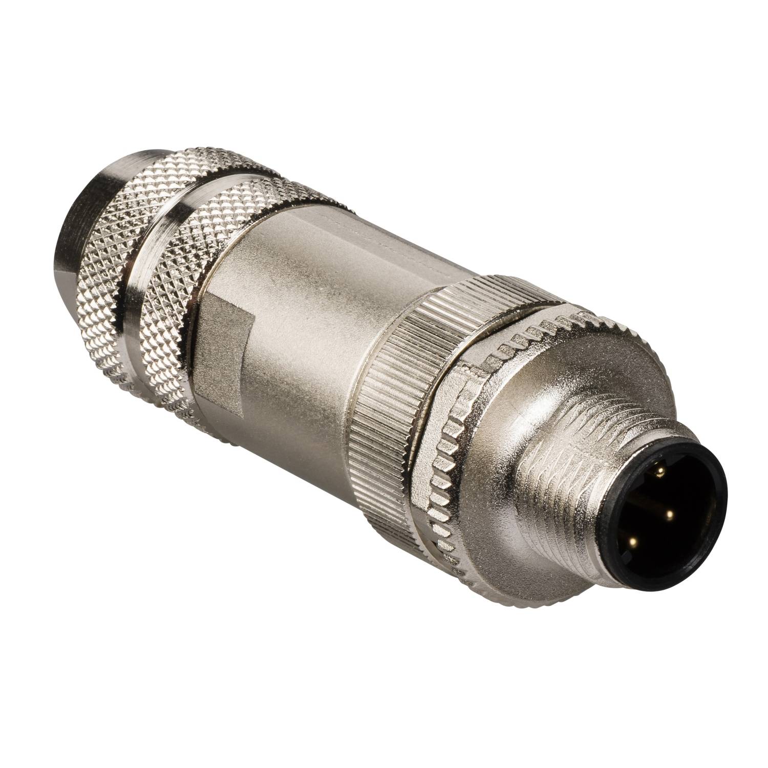 Un connecteur M12 métallique avec un verrouillage à vis et deux sections cannelées, est utilisé pour des connexions industrielles.