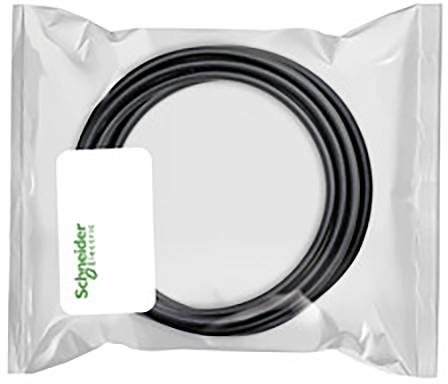 Un câble noir, emballé dans un sac en plastique transparent. Sur l'étiquette, il est inscrit 'Schraeder Electric'.