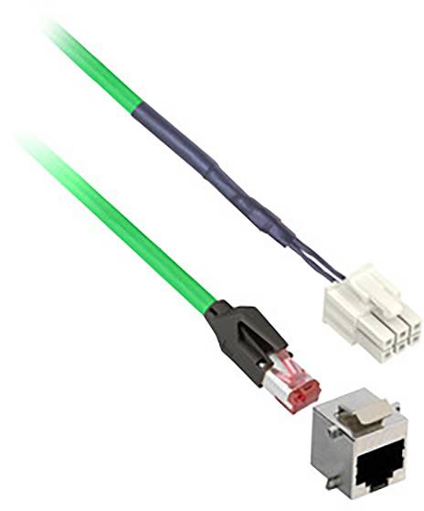 Câble réseau vert avec fiche RJ45, à côté d'un connecteur de câble blanc et d'une prise RJ45.