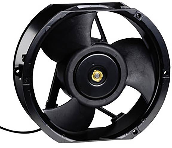 Un ventilateur noir à trois pales avec un moteur central dans un support circulaire.