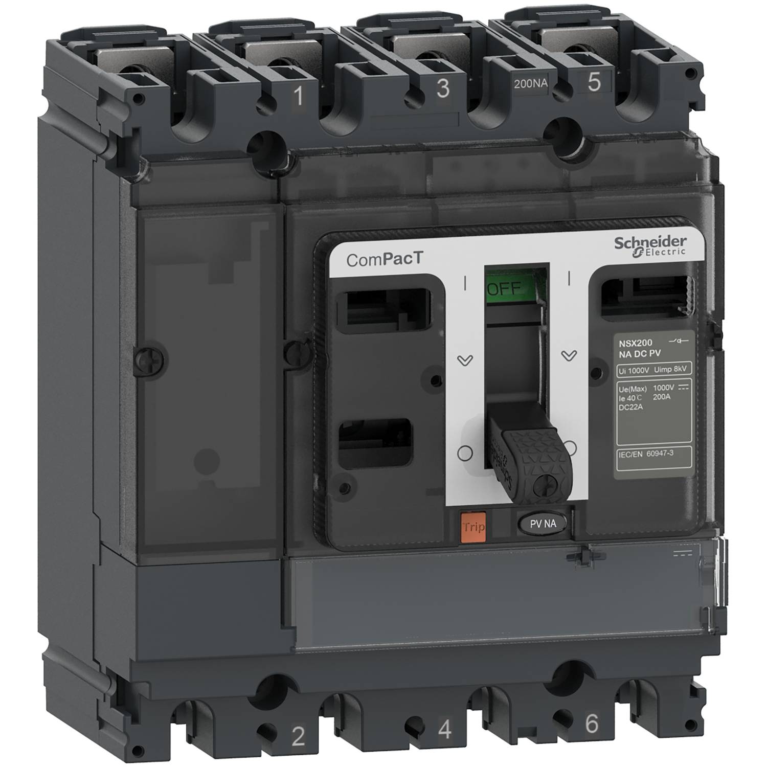 Un disjoncteur électrique Schneider Electric, modèle ComPacT NSX200N, avec levier de mise en marche et d'arrêt.