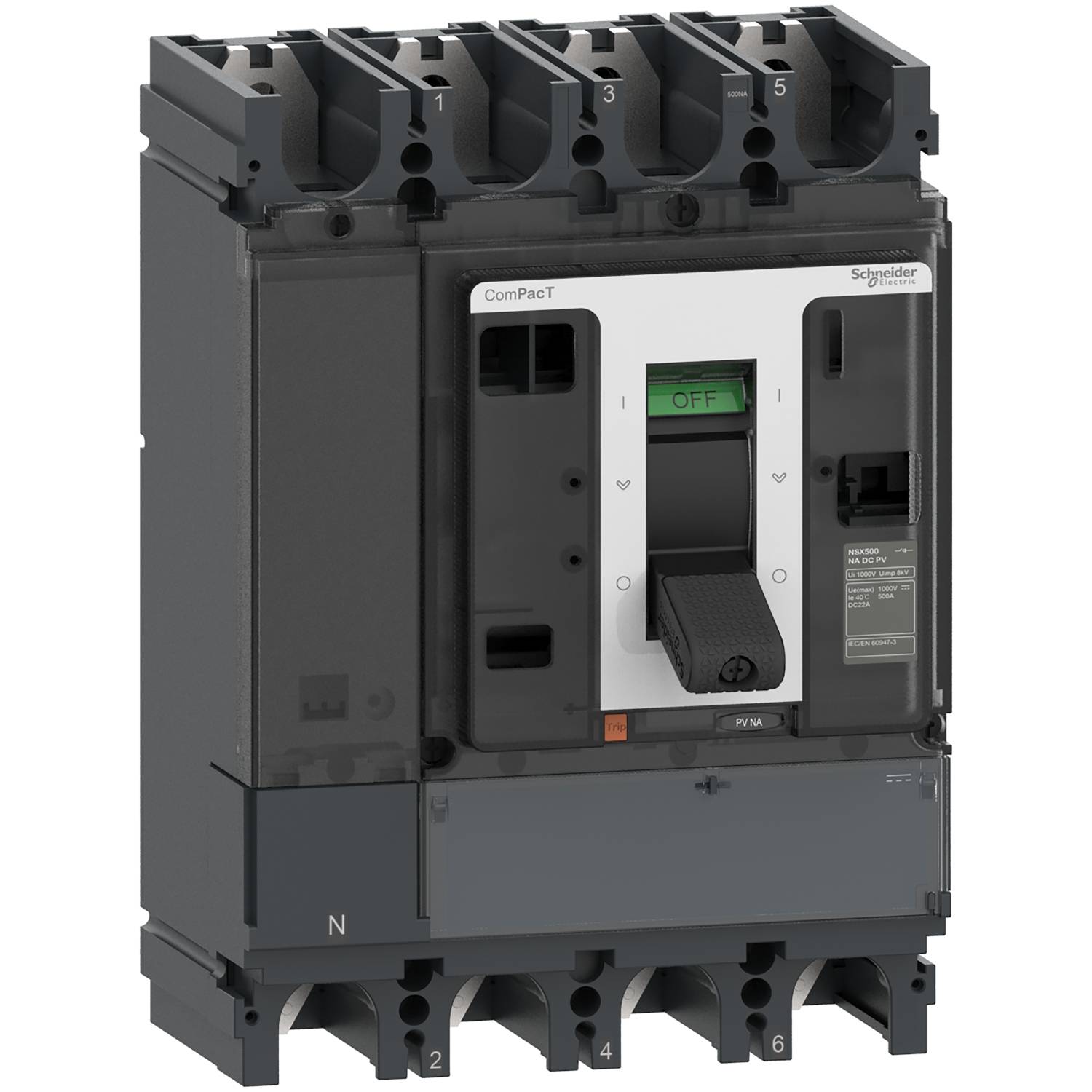 Disjoncteur électrique avec interrupteur noir et marquage blanc 'Off'. Boîtier en plastique gris avec connexions en haut.
