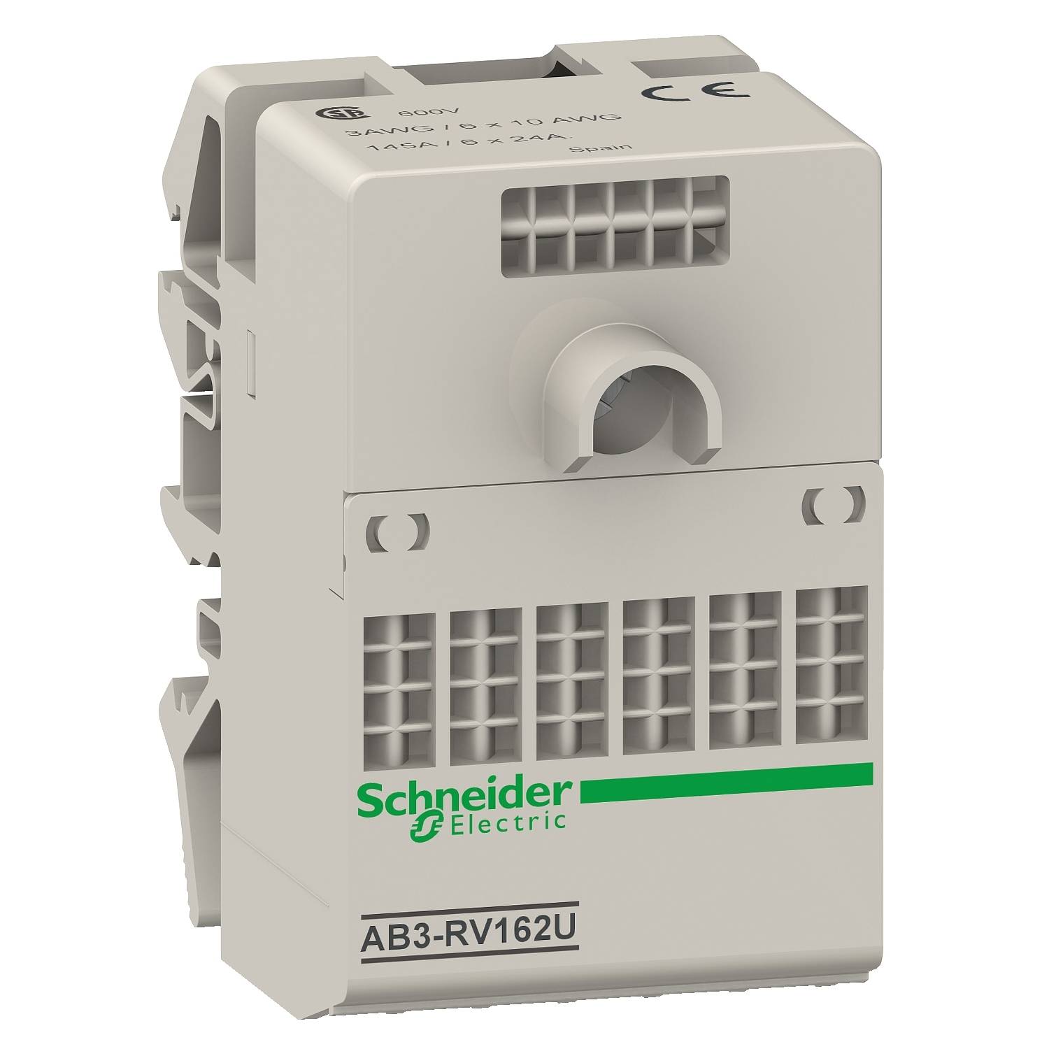 Un disjoncteur électrique rectangulaire gris clair de Schneider Electric, modèle 'AB3-RV162U', avec des détails techniques et le marquage CE.