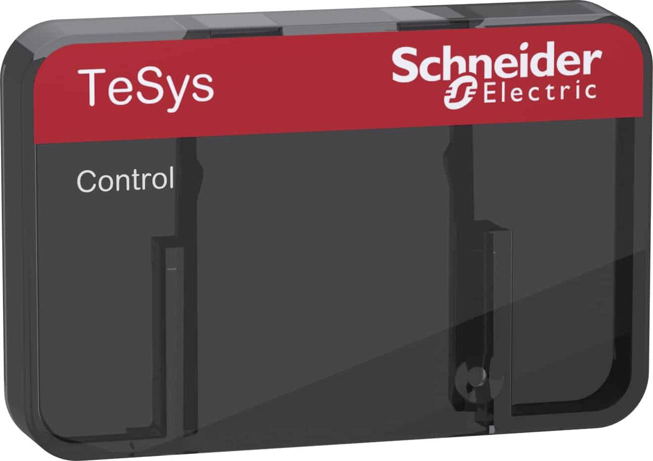 Logo de Schneider Electric sur une bande rouge, avec le texte 'TeSys control' en dessous. Emballage de produit pour contrôle électronique.