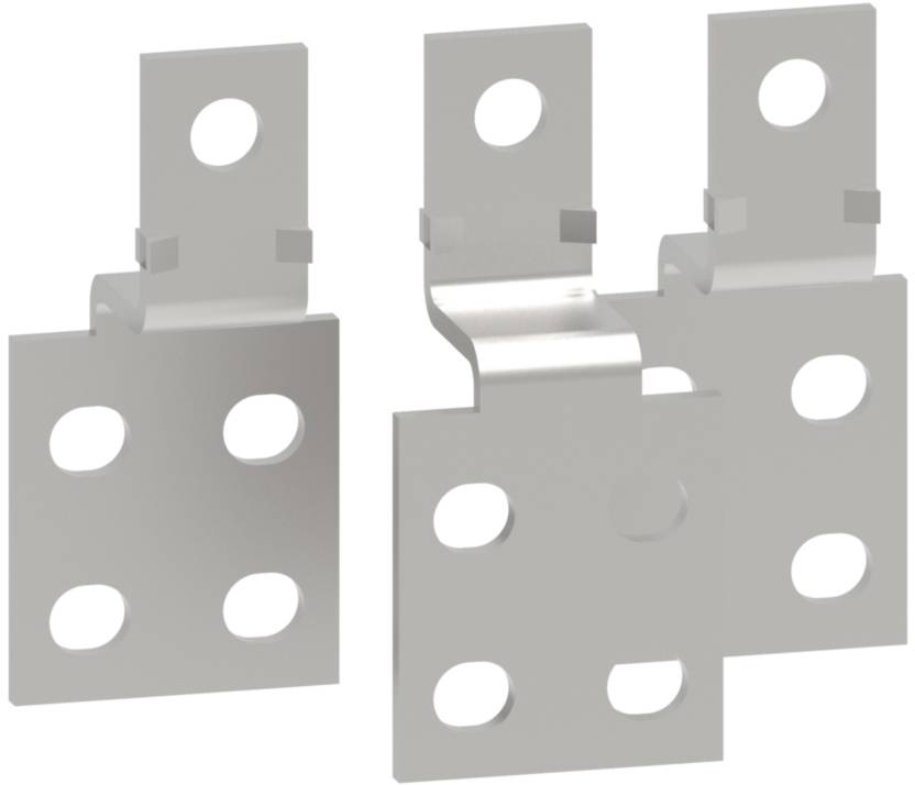 Trois équerres métalliques argentées avec des trous de fixation. Elles sont disposées à différents angles et servent à stabiliser des structures.