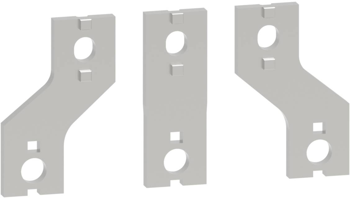 Trois supports métalliques gris en forme de L, disposés côte à côte, chacun avec deux ouvertures de fixation. Idéaux pour des applications en ingénierie mécanique.