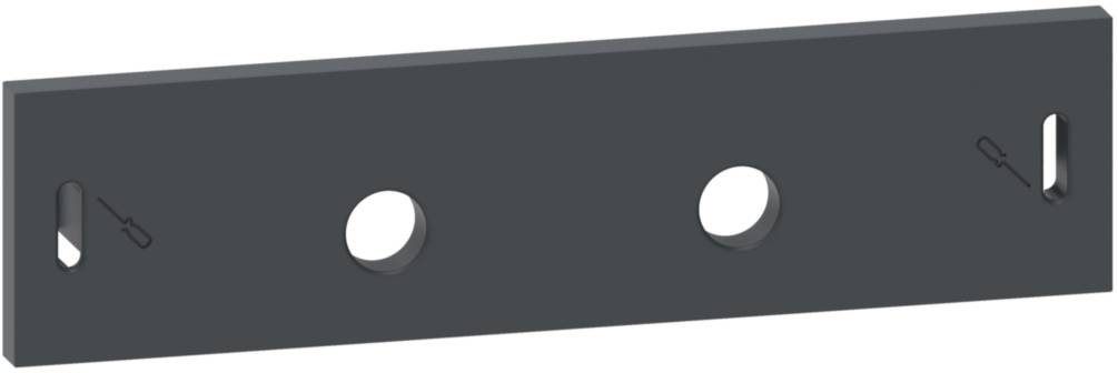 Plaque métallique noire avec trois trous, deux fentes en forme de trou de serrure sur les côtés.