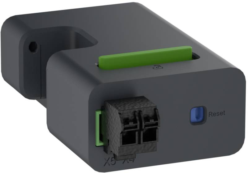Appareil électronique noir avec une touche verte en haut et des ports à l'avant. Étiqueté 'Reset'.