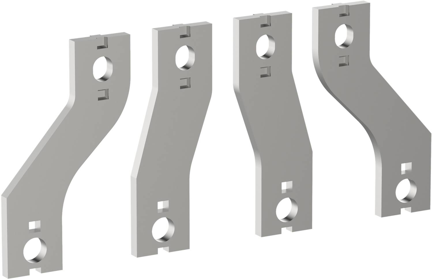 Quatre supports d'angle métalliques, chacun percé de deux trous pour la fixation, disposés en ligne.