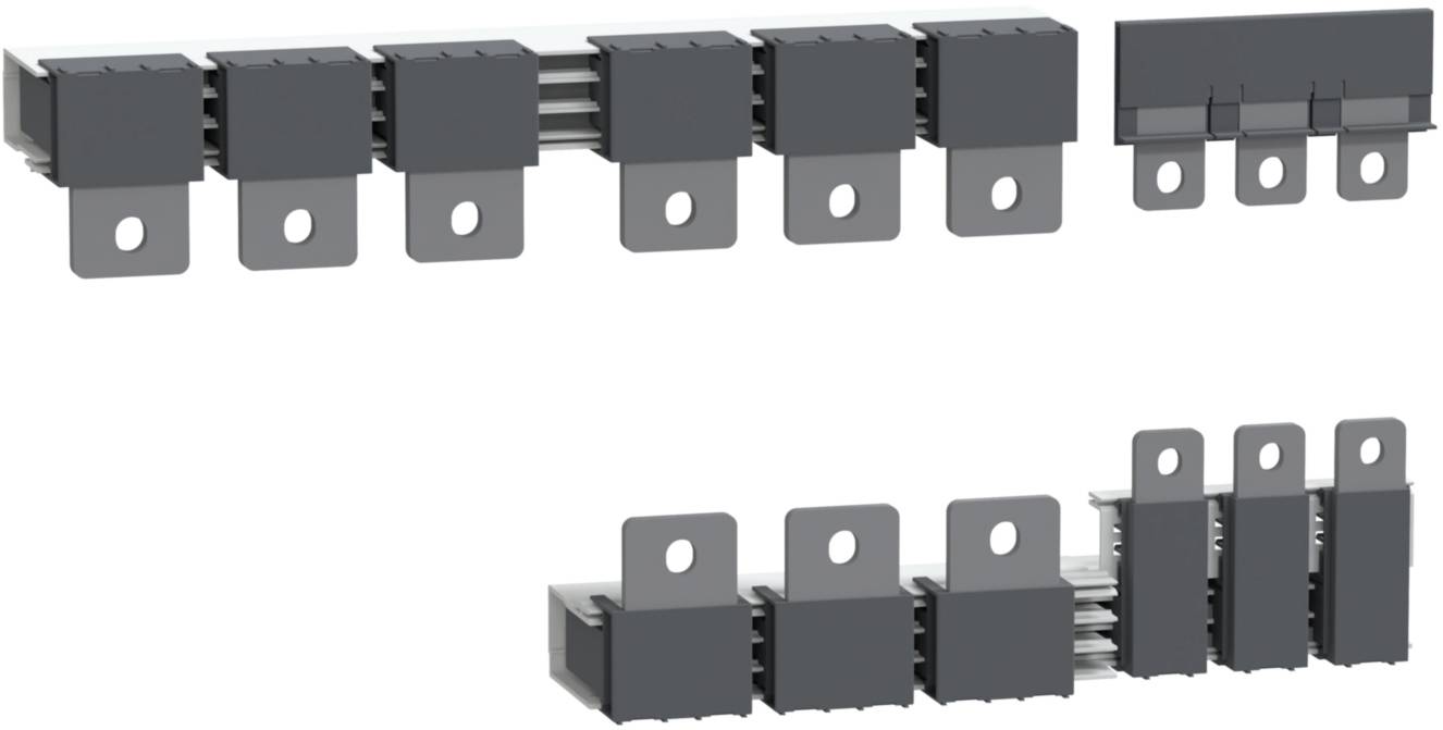 Composants électroniques gris avec des connexions métalliques disposés en deux rangées, cinq éléments en haut et quatre en bas.