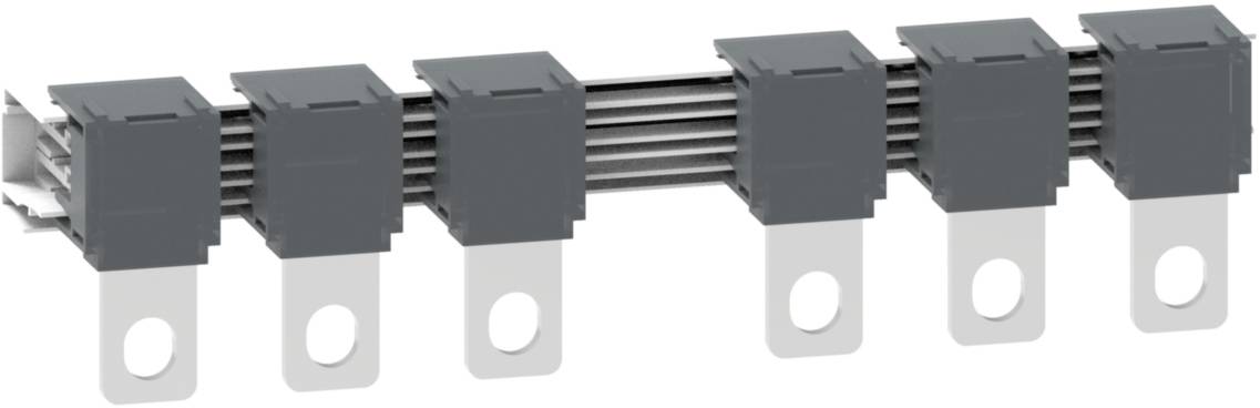 Composant électrique gris avec six bornes noires, alignées en deux rangées avec des fixations métalliques en bas.