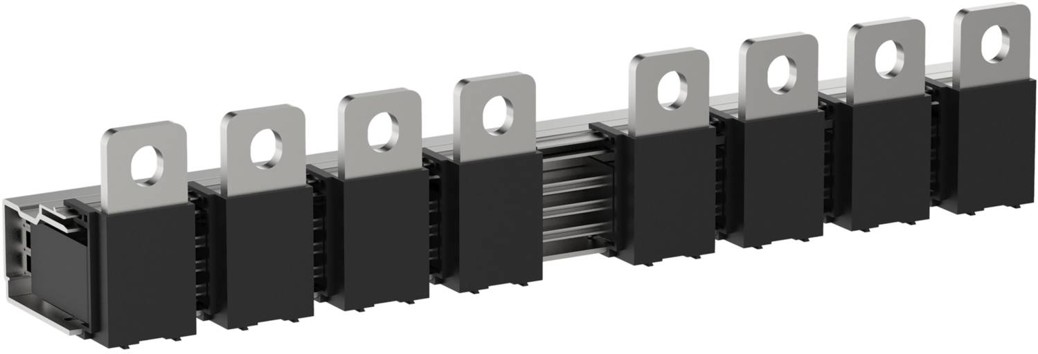 Rail métallique avec sept composants rectangulaires noirs dotés d'œillets en haut. Utilisable en électronique ou pour le câblage.