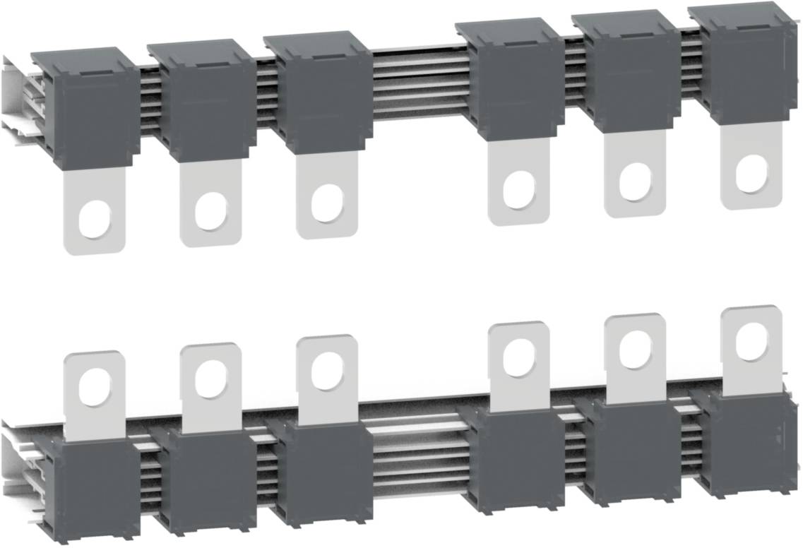 Deux rangées de bornes électriques grises avec des pattes métalliques interconnectées.