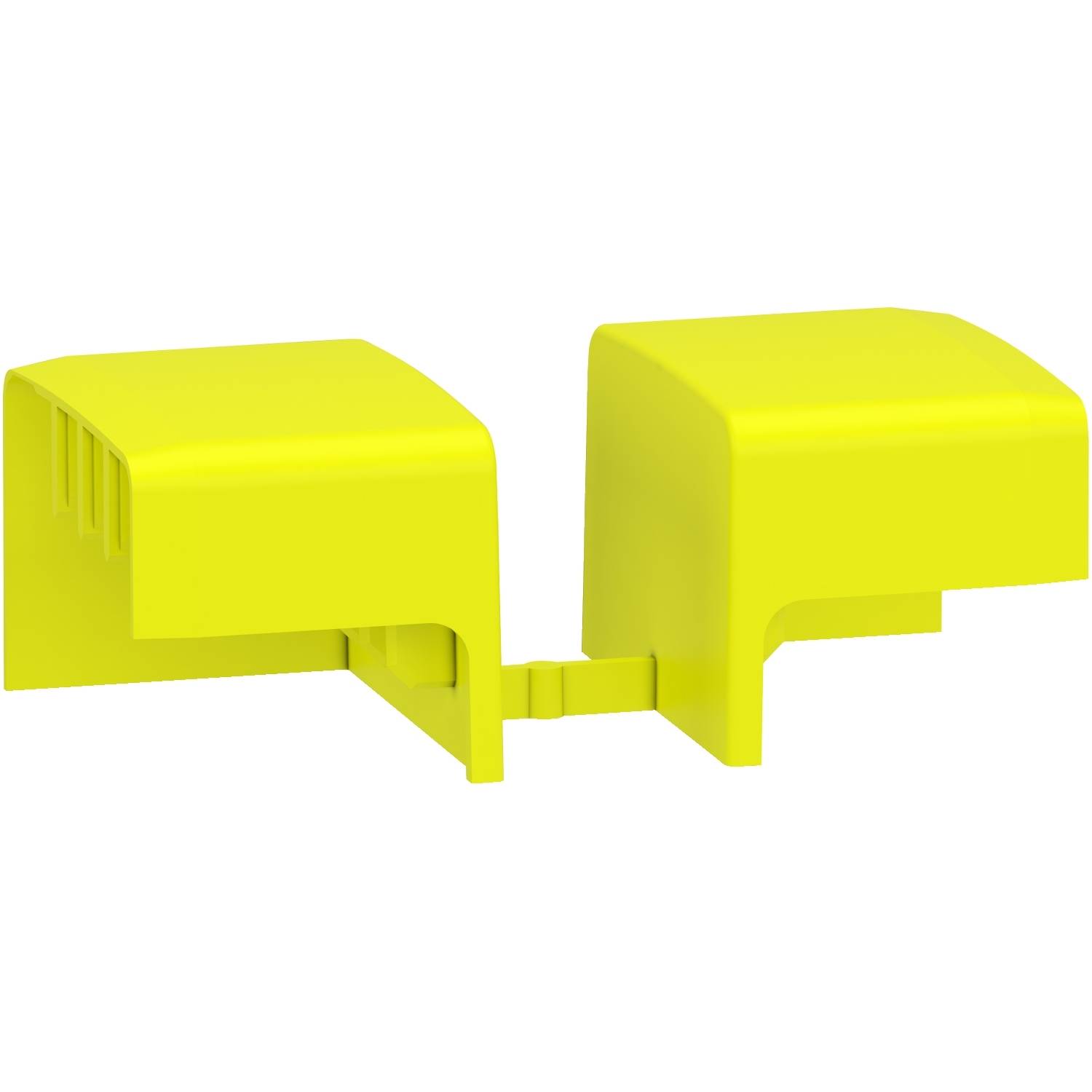 Un charnière double en plastique jaune, composé de deux couvercles carrés avec une partie centrale flexible.