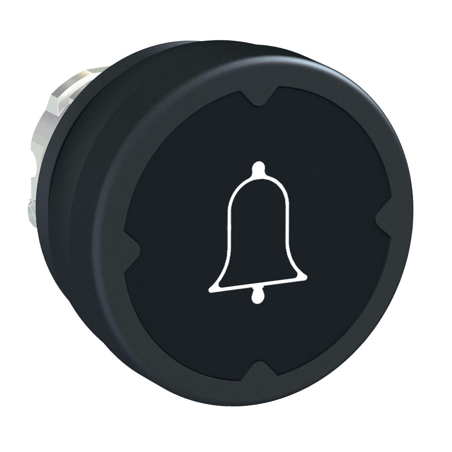 Bouton noir rond avec symbole de cloche. Symbolise la fonction d'appel ou l'activation des notifications.